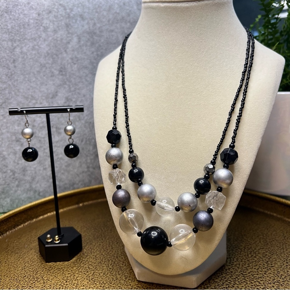 Black Silver & Clear Beaded Statement Necklace & Earrings